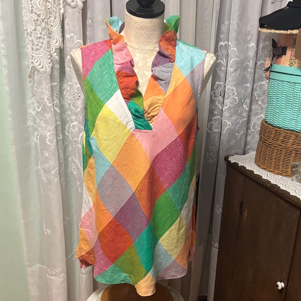 Crown & Ivy 100% Linen Bias-Cut Plaid Top Sz XL